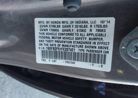 2015 Honda Civic Lx z USA, uszkodzony, nr VIN 19XFB2F51FE207421